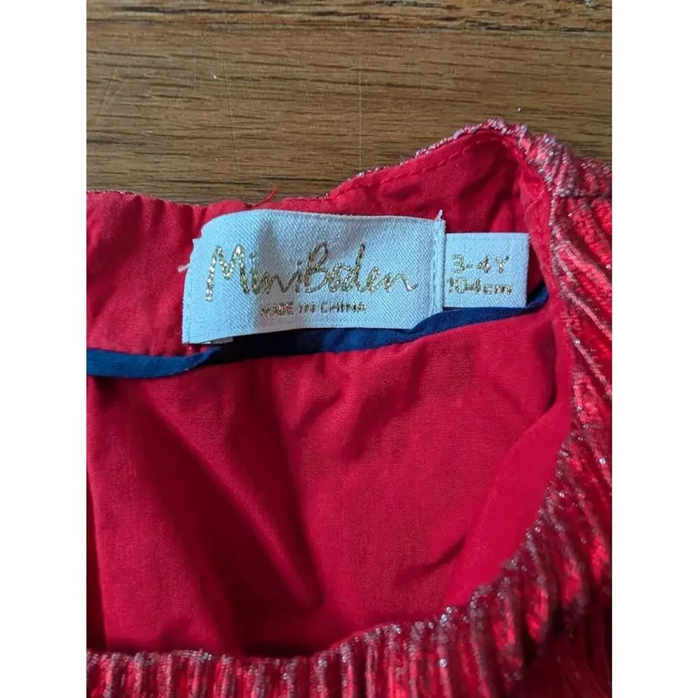 Mini Boden Red pleated metallic tiered pleated dress Size 3-4y